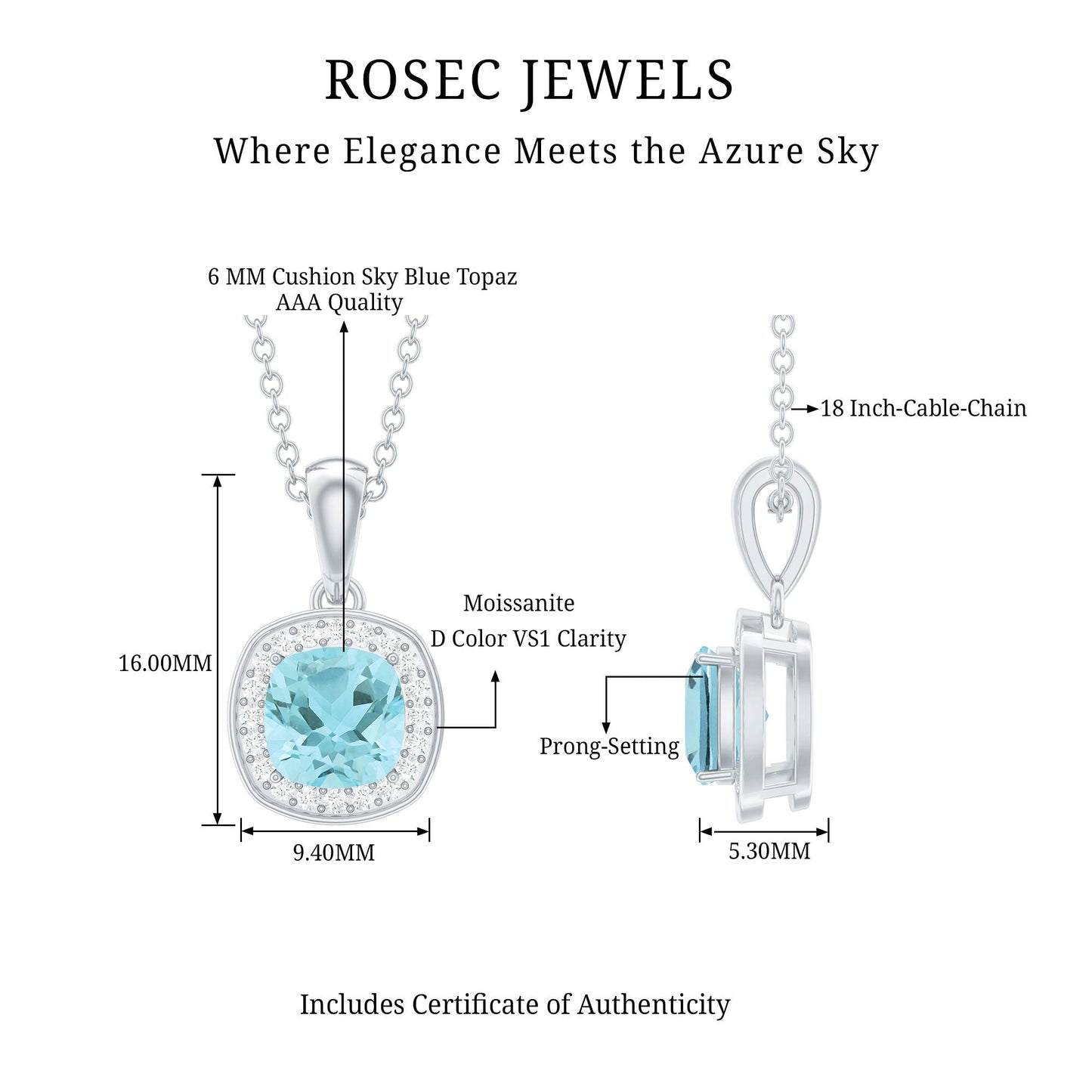 Natural Sky Blue Topaz Birthstone Necklace With Silver Chain