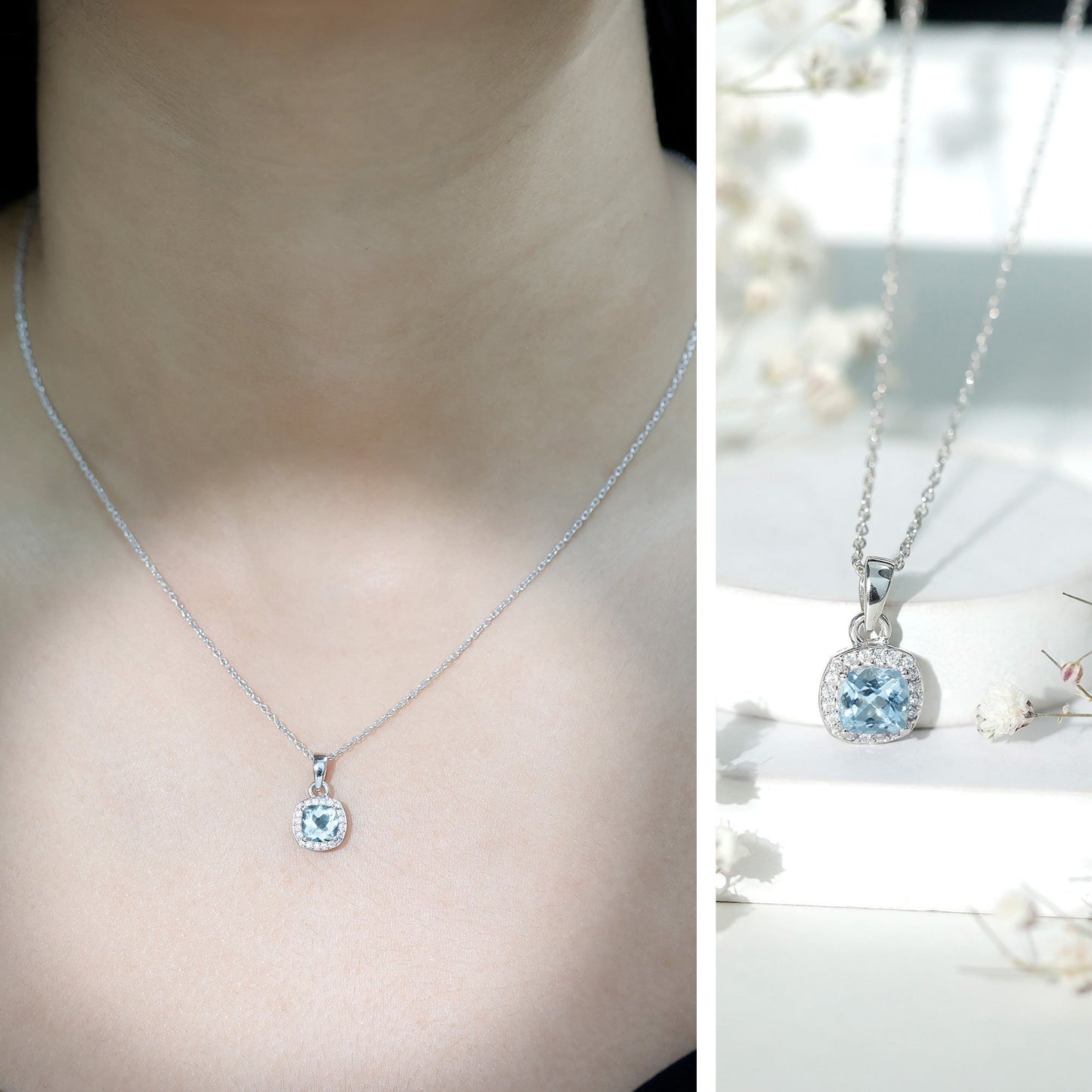 Natural Sky Blue Topaz Birthstone Necklace With Silver Chain
