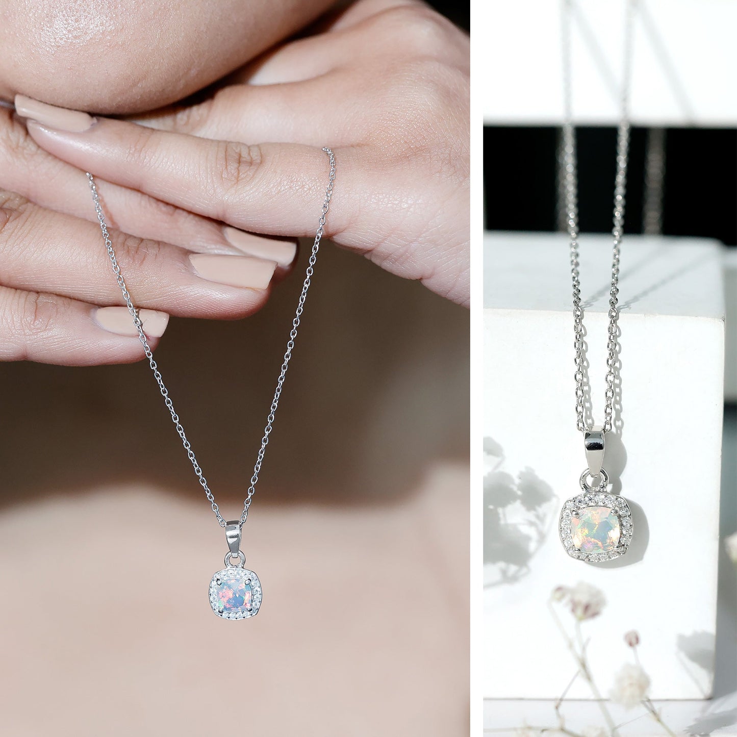 Cushion Cut 1 Carat Rainbow Opal Pendant Necklace with Silver Chain