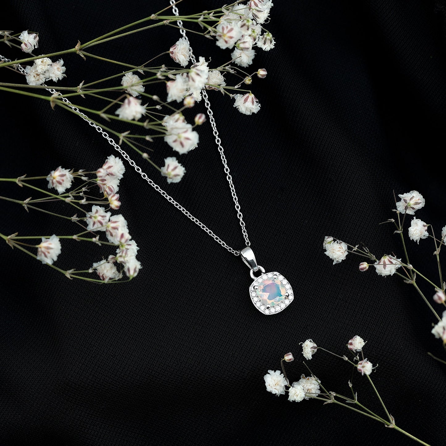 Cushion Cut 1 Carat Rainbow Opal Pendant Necklace with Silver Chain