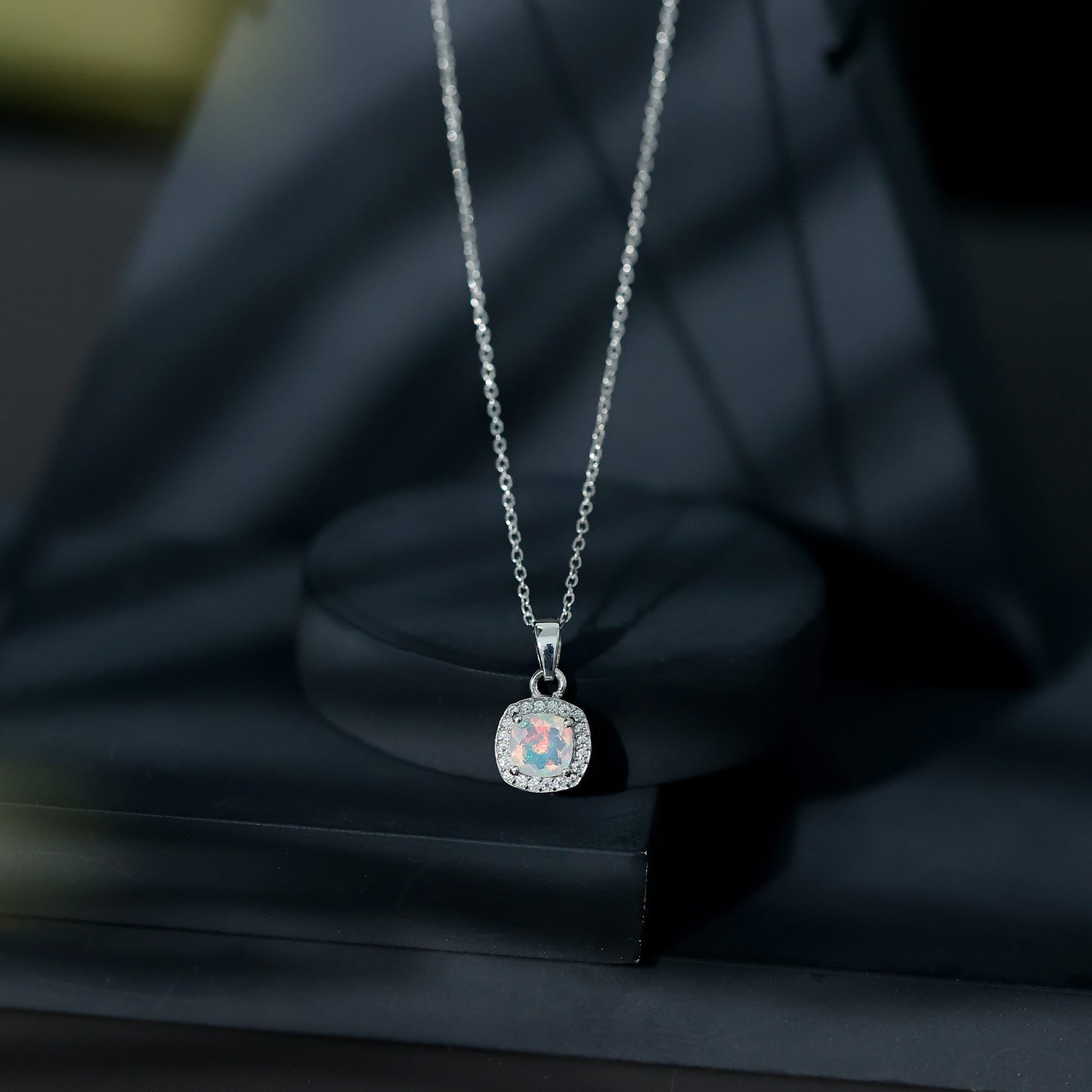 Cushion Cut 1 Carat Rainbow Opal Pendant Necklace with Silver Chain