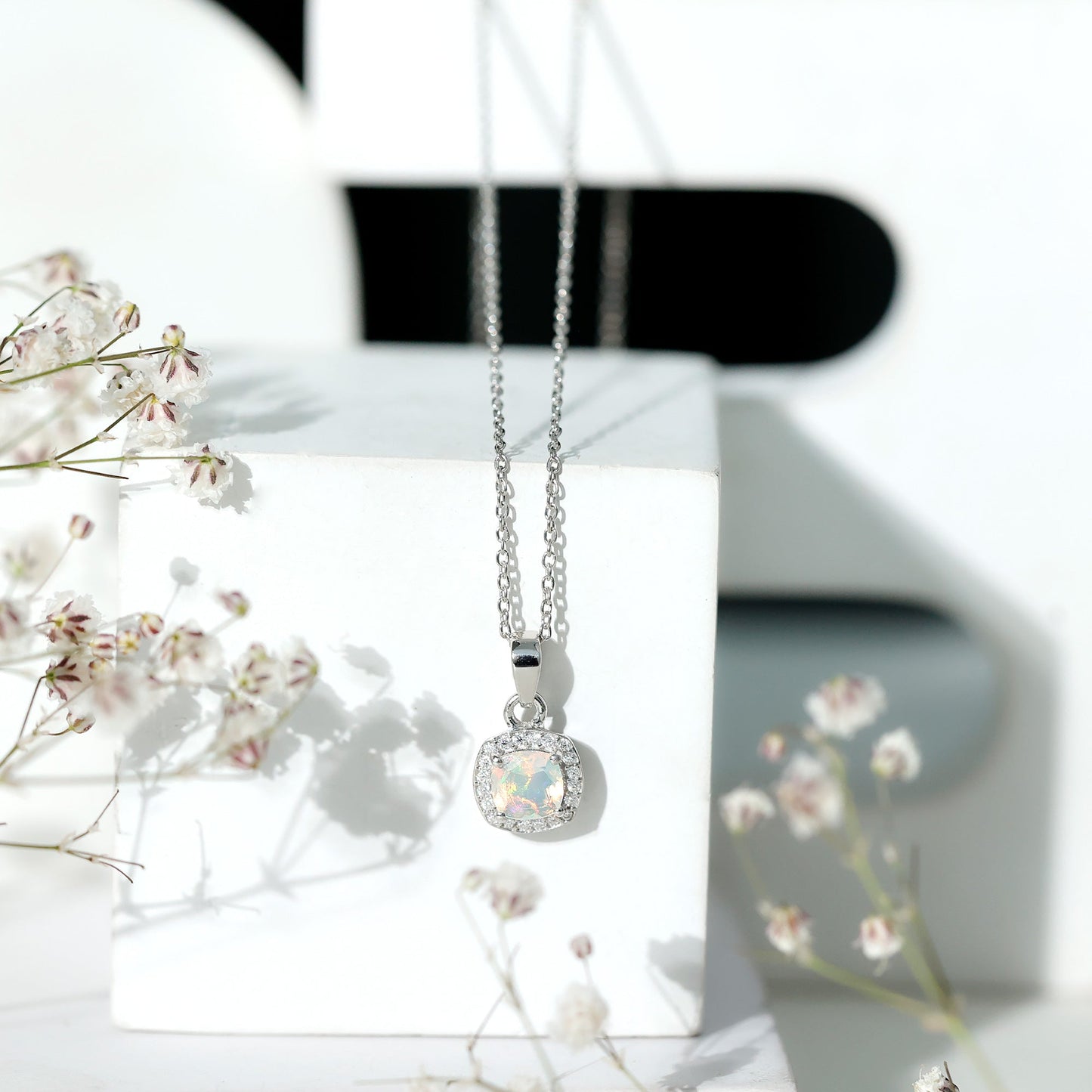 Cushion Cut 1 Carat Rainbow Opal Pendant Necklace with Silver Chain