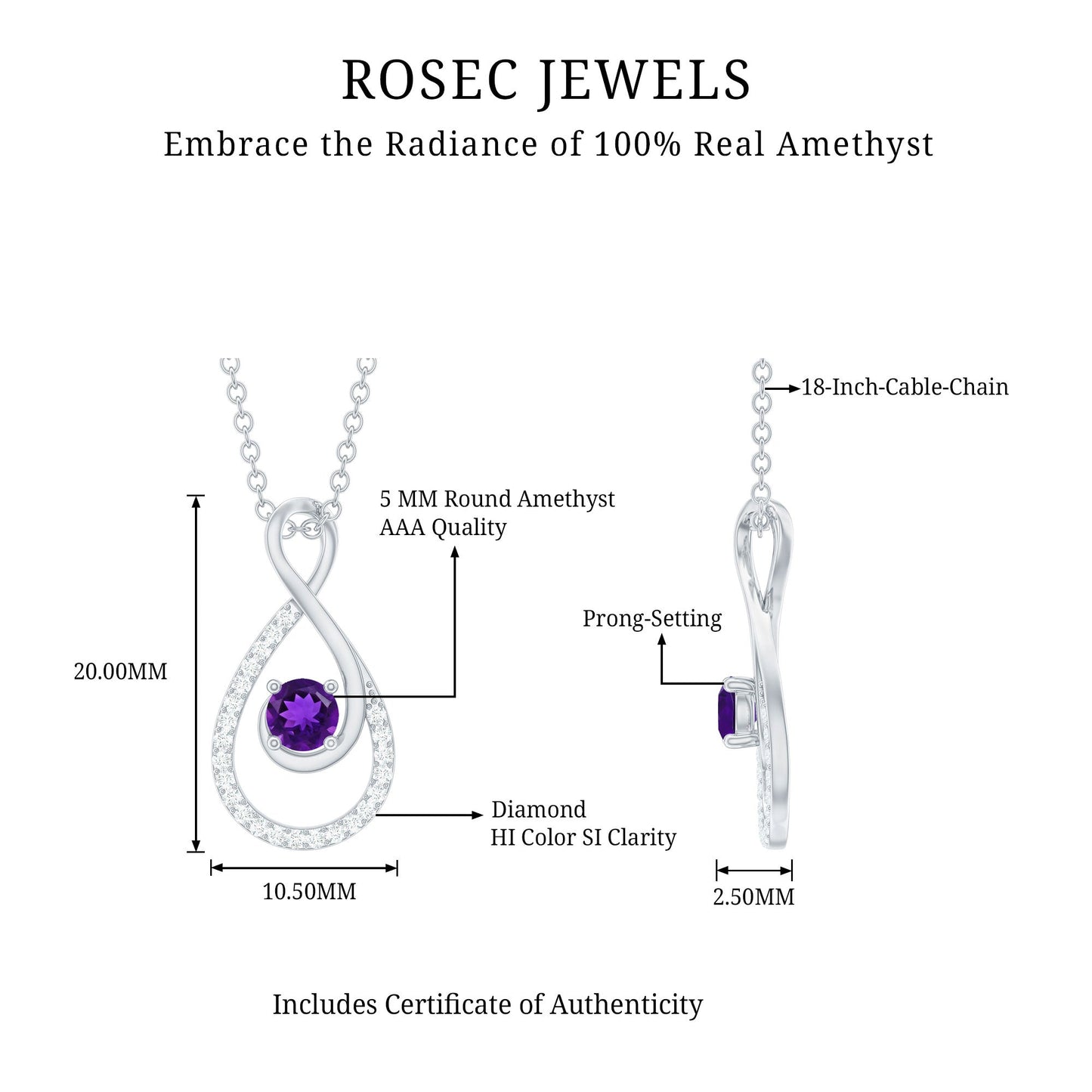Natural Amethyst Infinity Pendant Necklace with Diamond