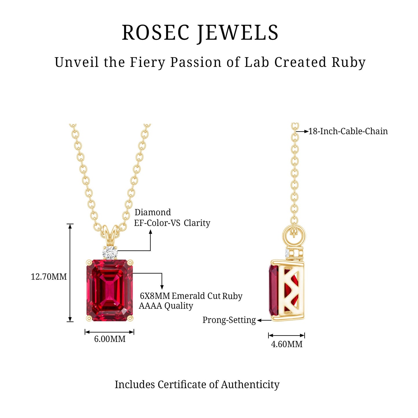 Certified 1.6 Carat Lab Grown Ruby and Diamond Emerald Cut Necklace with Silver Chain