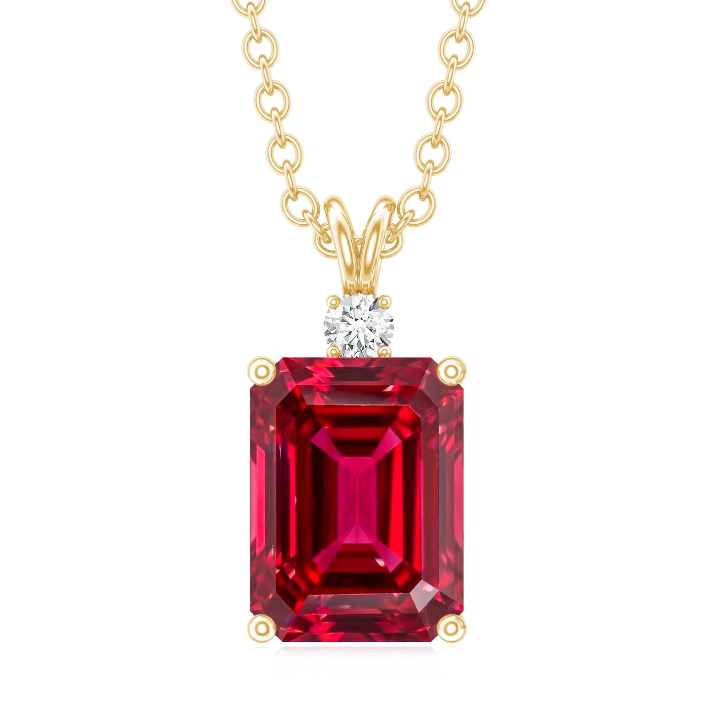 Certified 1.6 Carat Lab Grown Ruby and Diamond Emerald Cut Necklace with Silver Chain