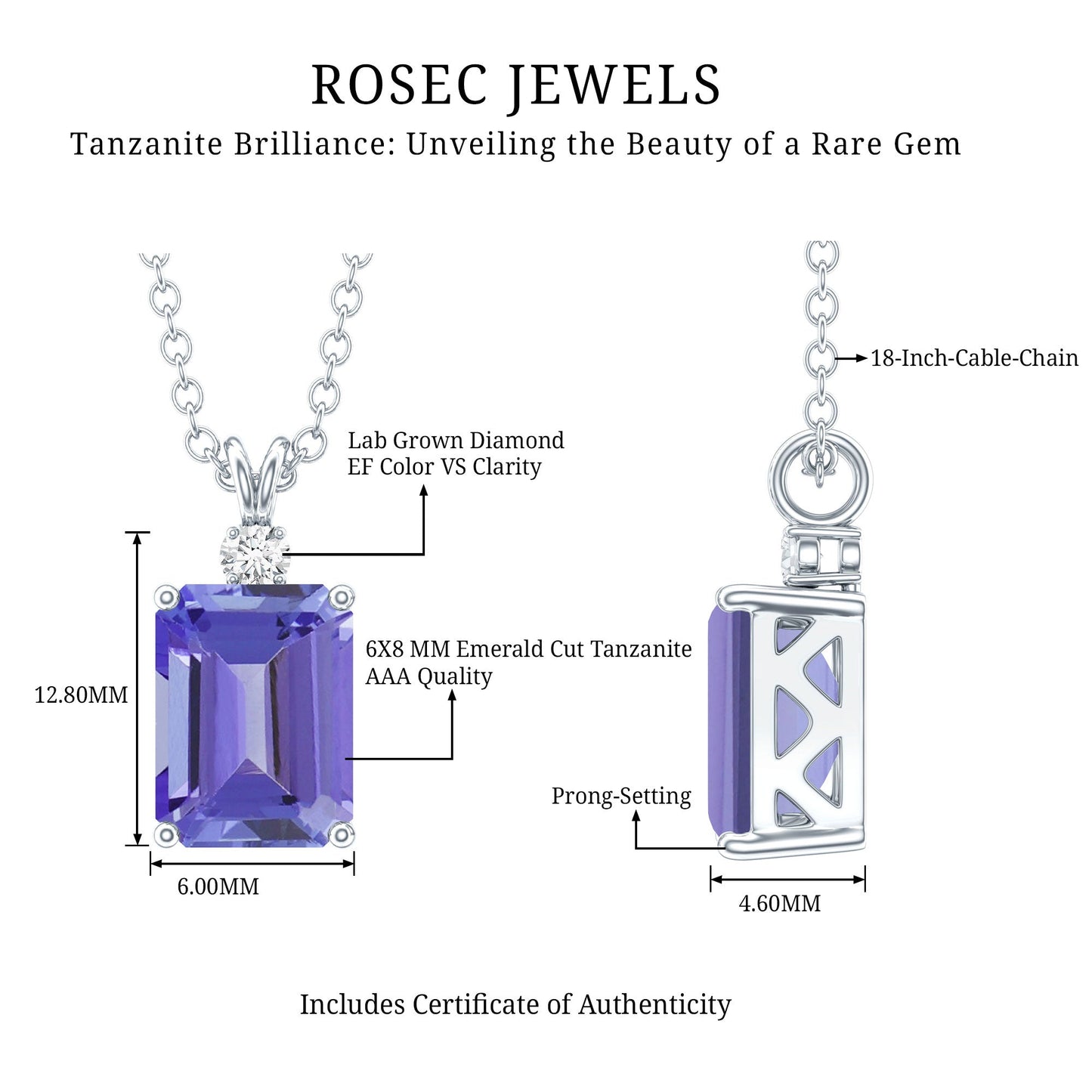 Natural 2 Carat Tanzanite Emerald Cut Necklace with Silver Chain