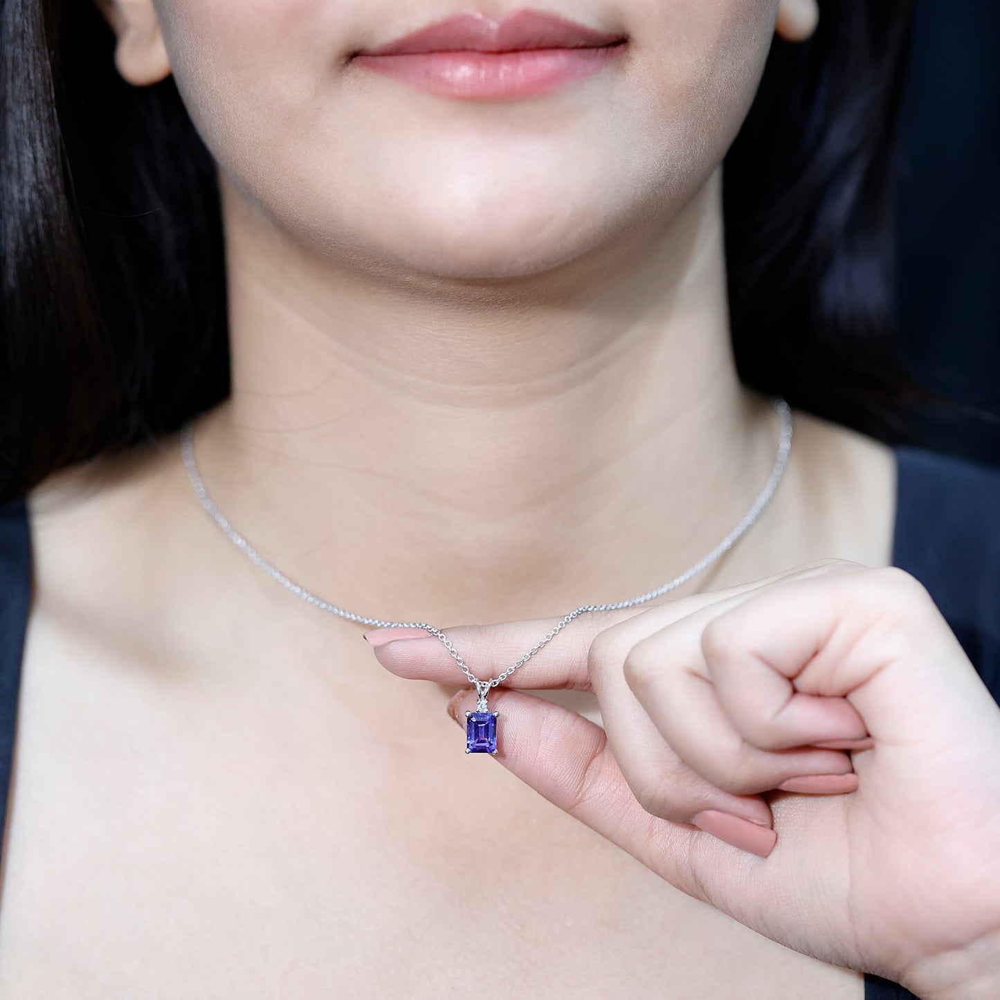 Natural 2 Carat Tanzanite Emerald Cut Necklace with Silver Chain