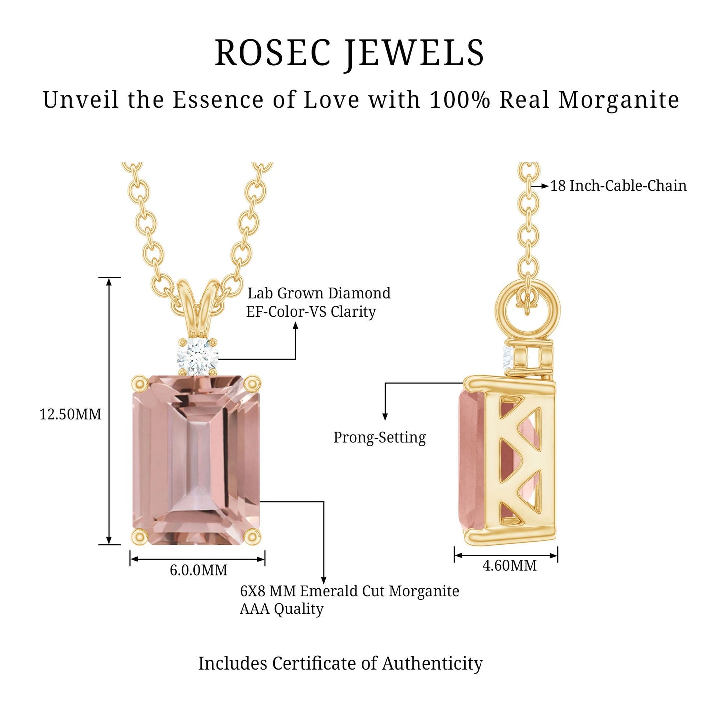 Certified 1.8 Carat Emerald Cut Morganite Solitaire Necklace with Silver Chain