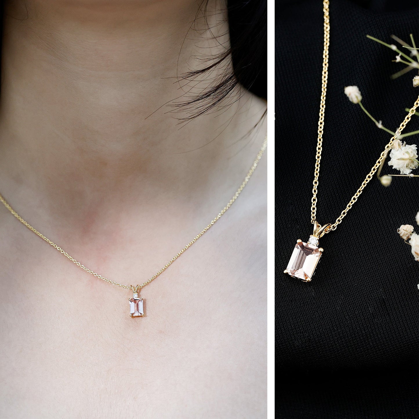 Certified 1.8 Carat Emerald Cut Morganite Solitaire Necklace with Silver Chain