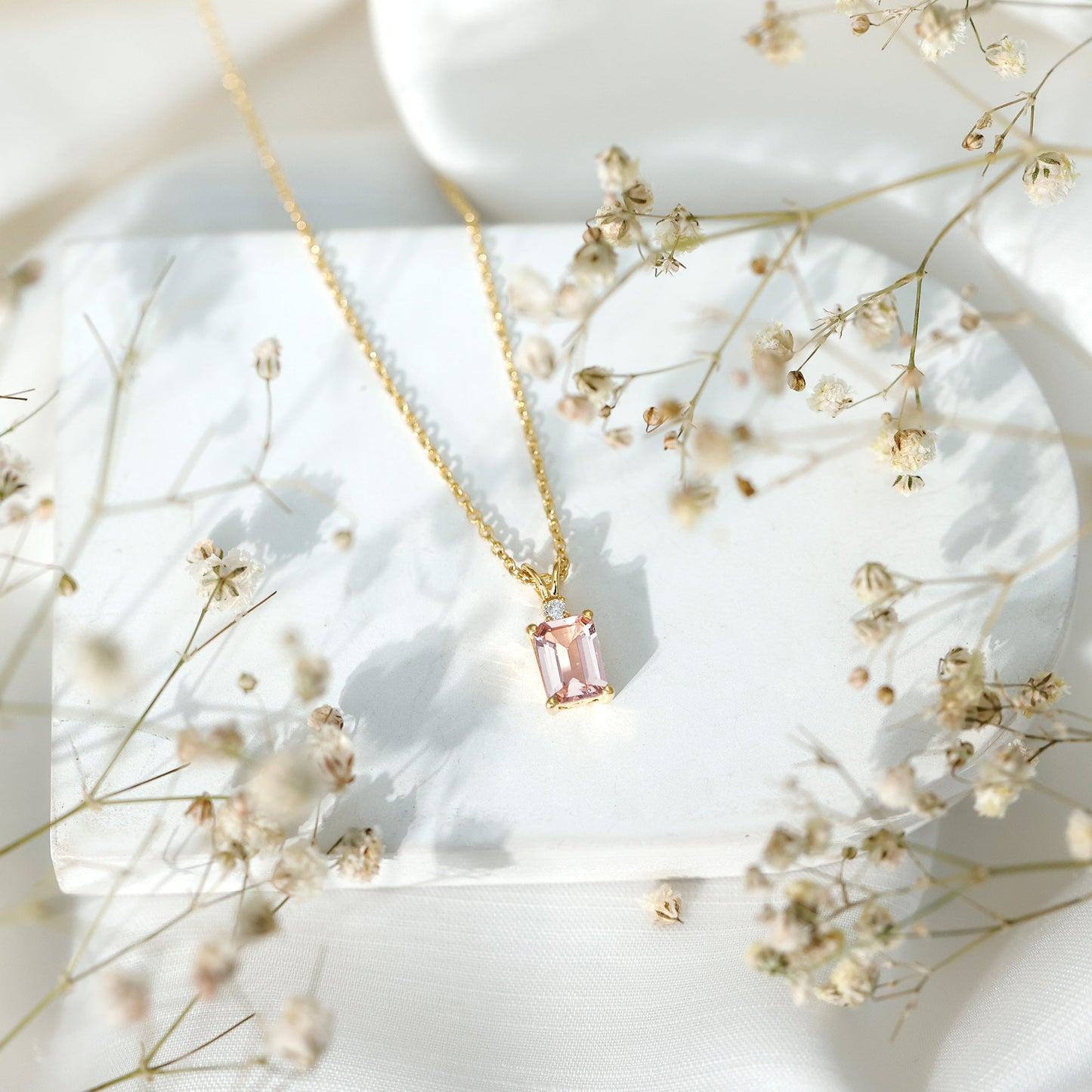 Certified 1.8 Carat Emerald Cut Morganite Solitaire Necklace with Silver Chain