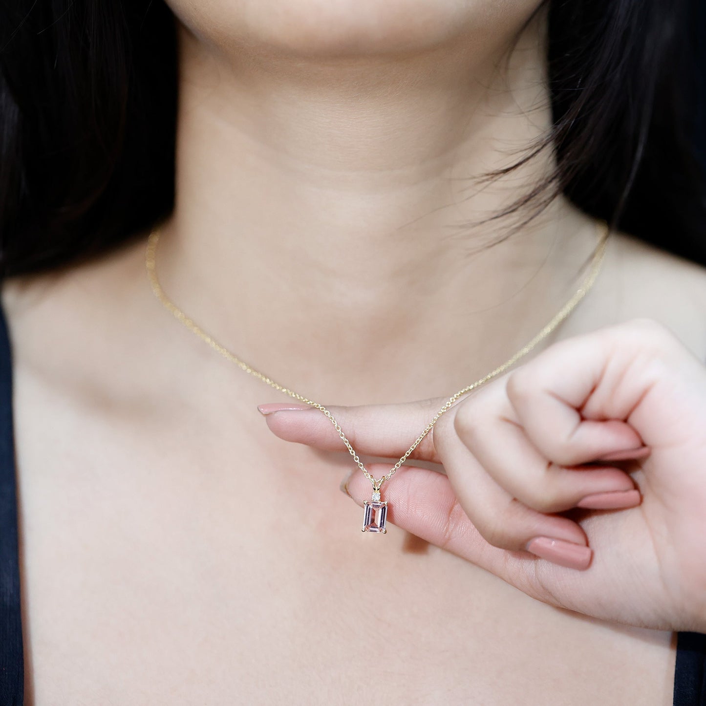 Certified 1.8 Carat Emerald Cut Morganite Solitaire Necklace with Silver Chain