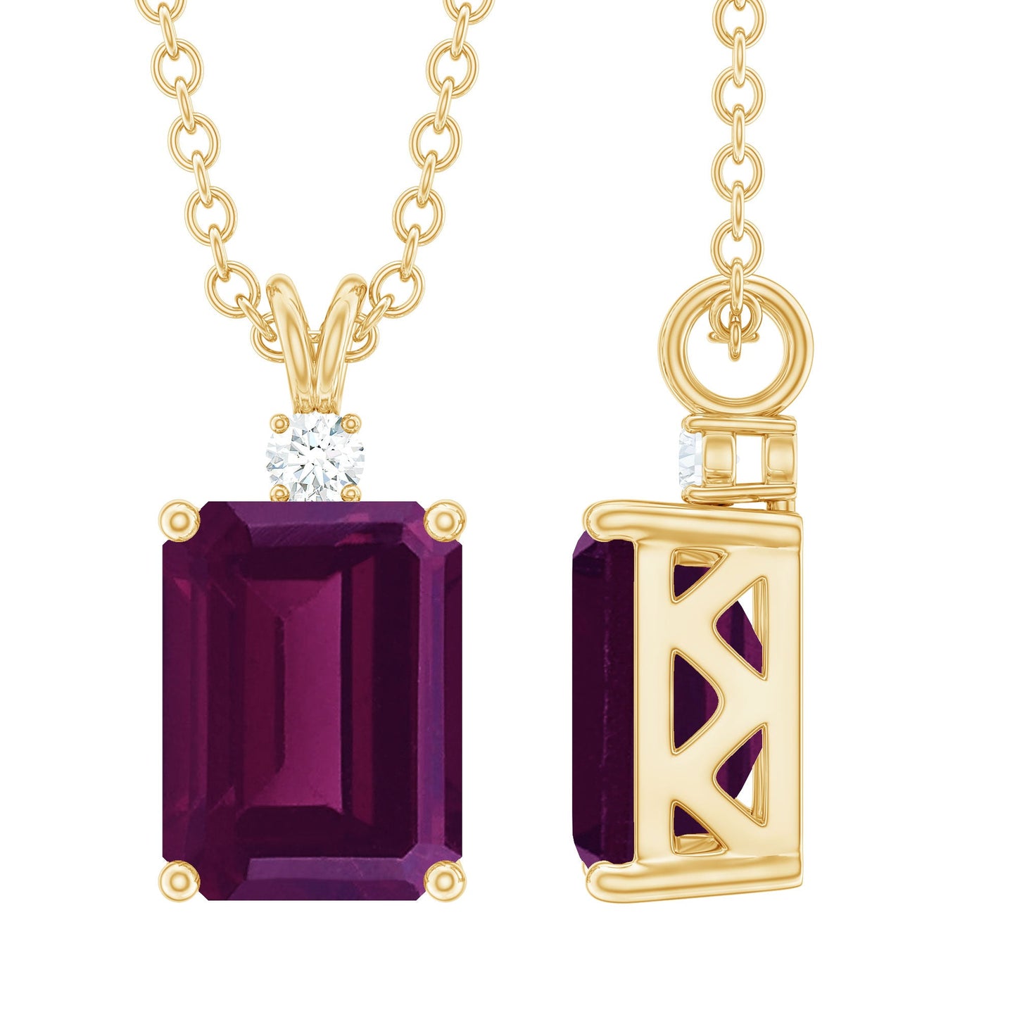 2 Carat Emerald Cut Rhodolite Solitaire Necklace with Lab Diamond