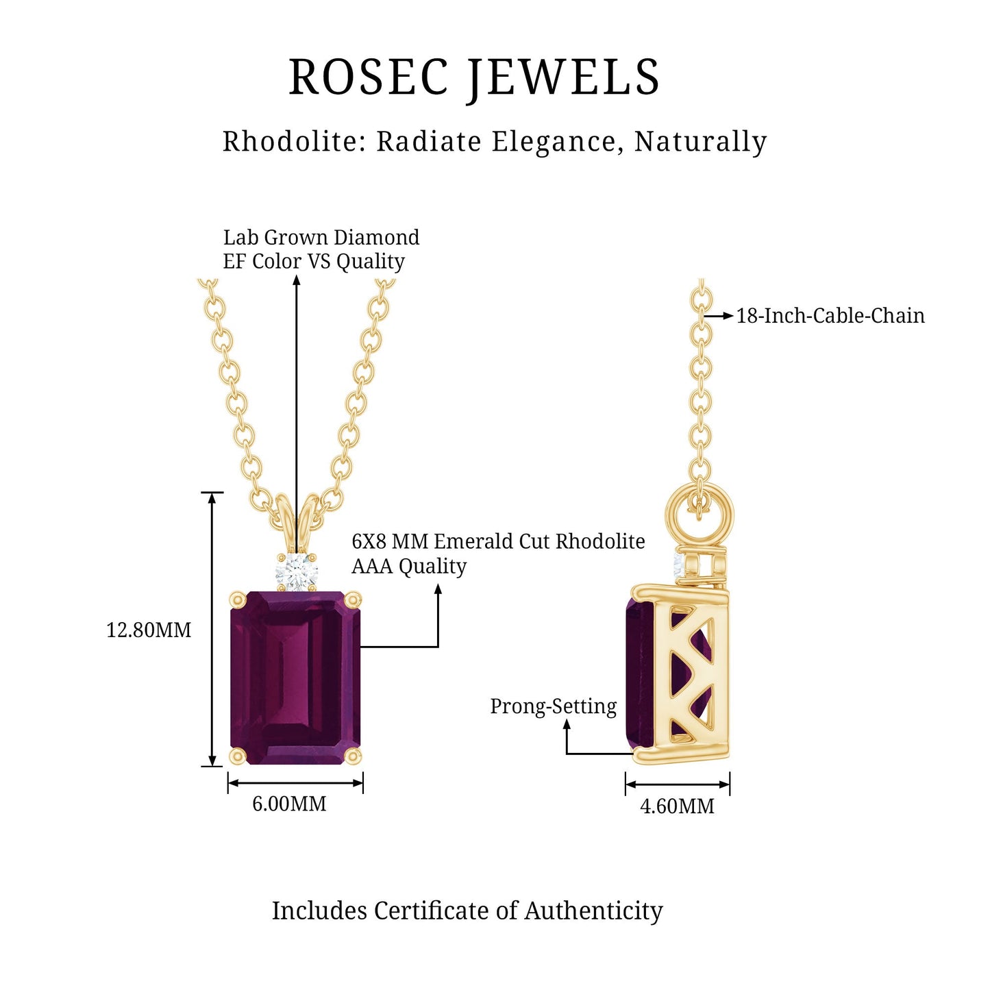 2 Carat Emerald Cut Rhodolite Solitaire Necklace with Lab Diamond