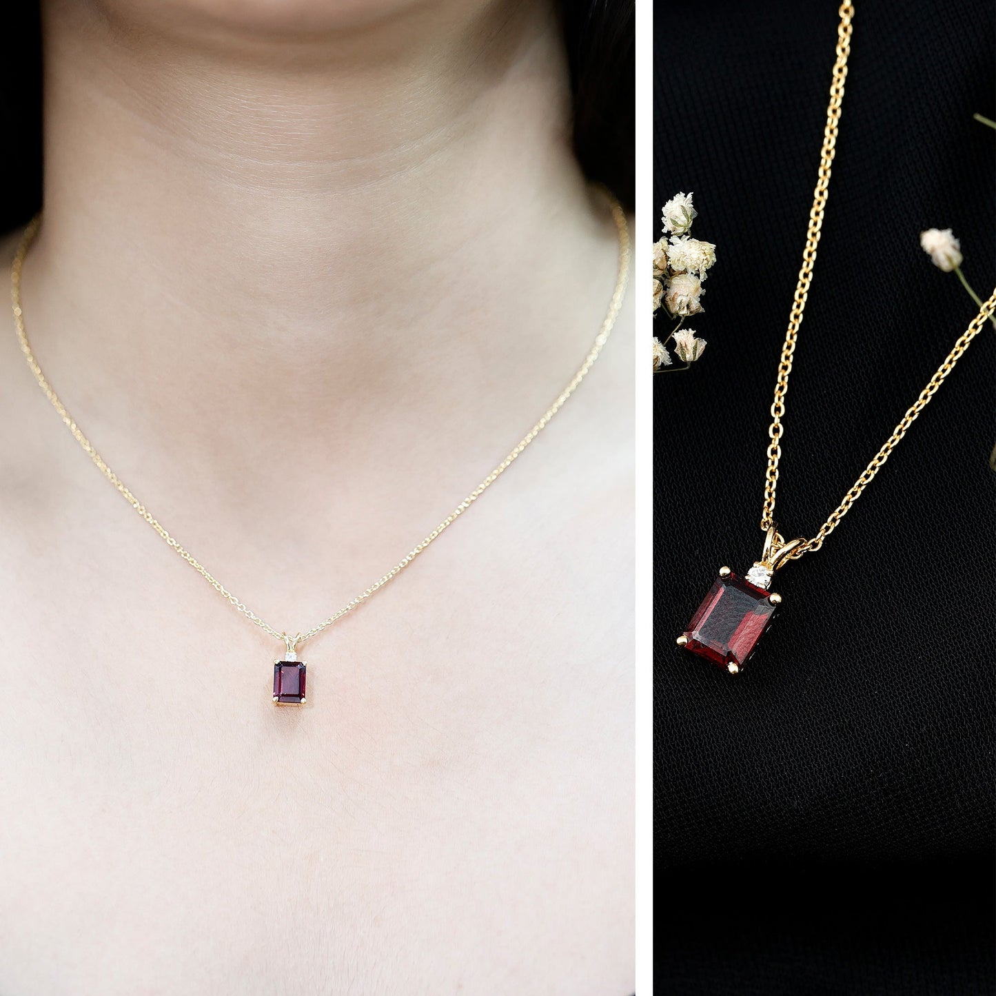 2 Carat Emerald Cut Rhodolite Solitaire Necklace with Lab Diamond