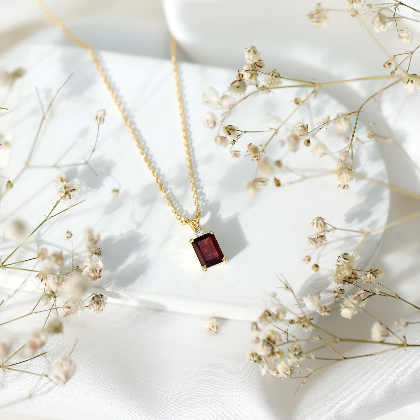2 Carat Emerald Cut Rhodolite Solitaire Necklace with Lab Diamond
