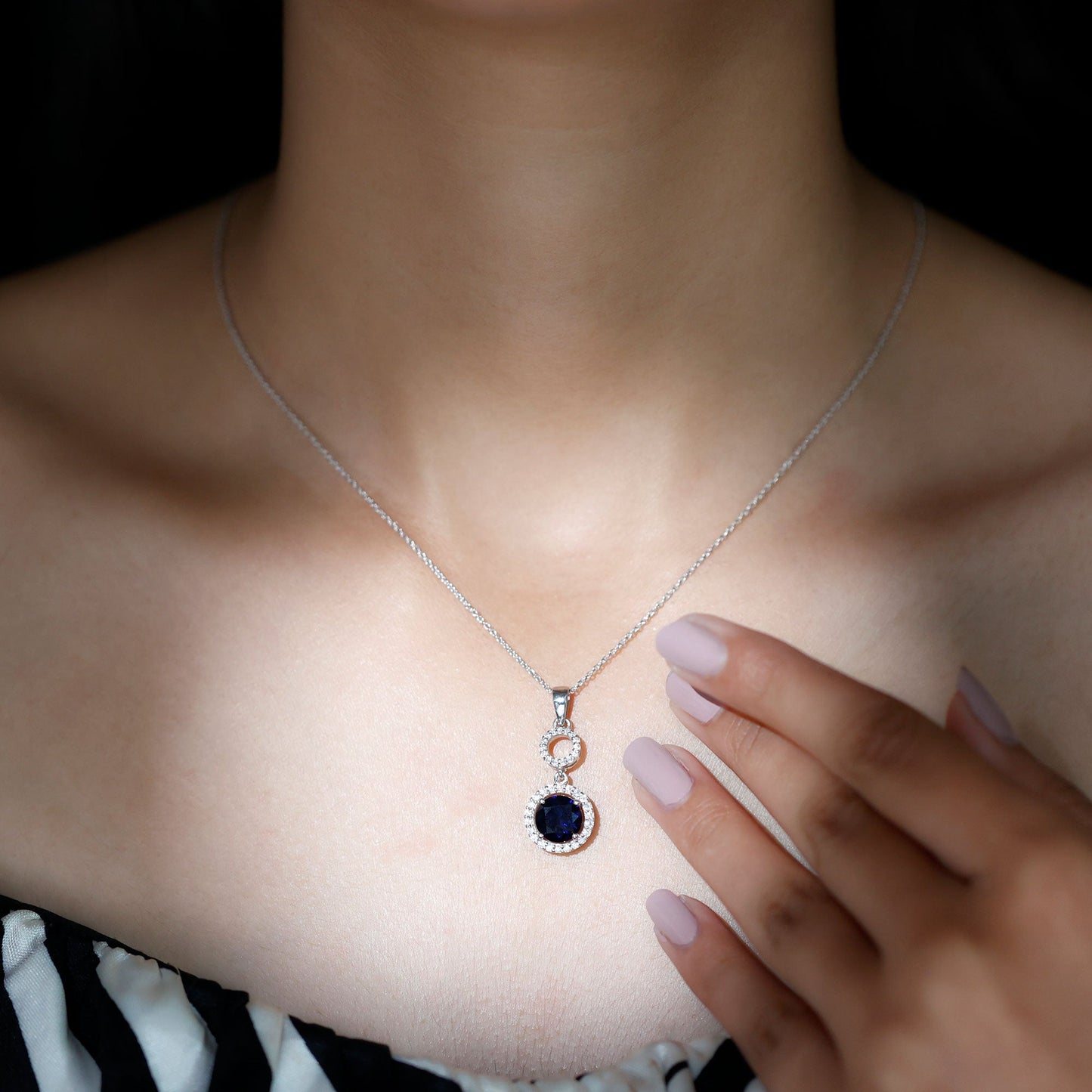 Lab Grown Blue Sapphire Halo Pendant with Moissanite