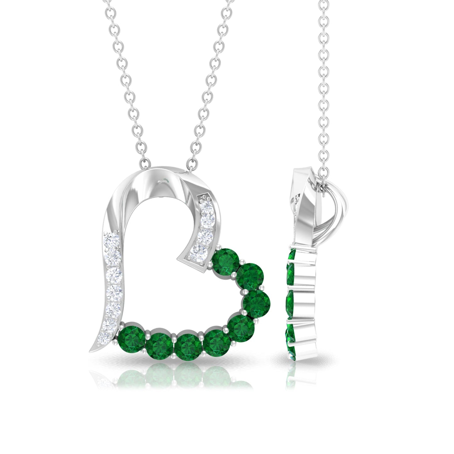 Emerald and Diamond Open Heart Pendant Necklace