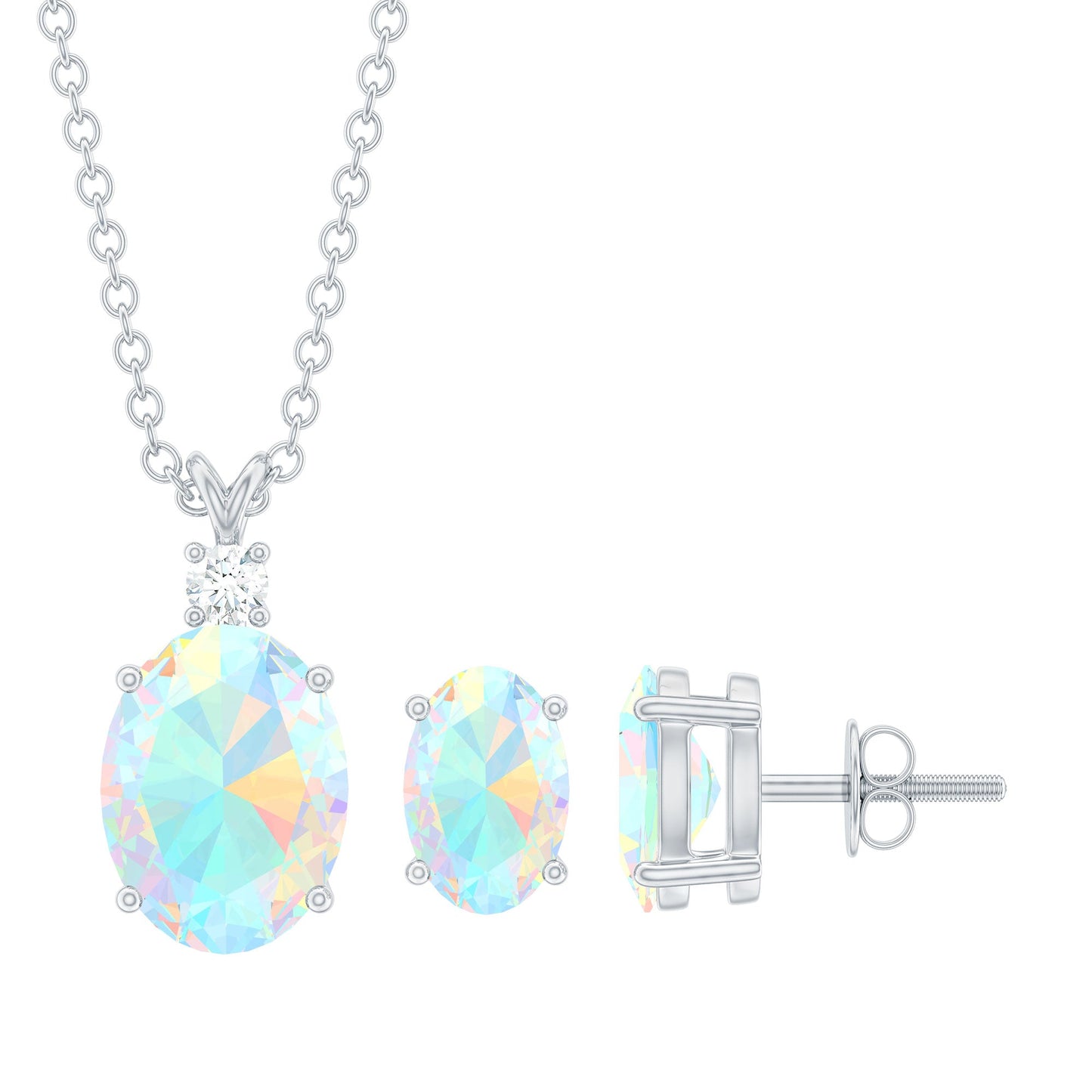 Real 3 Carat Oval Shaped Ethiopian Opal Solitaire Necklace Earrings Set with Diamond