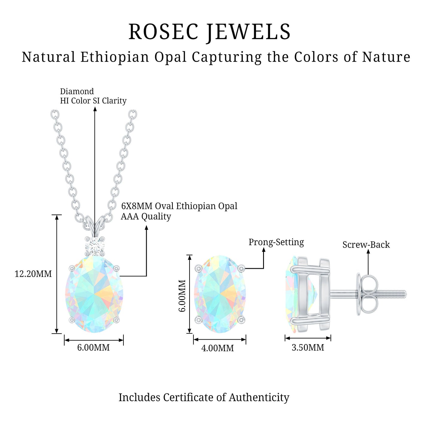 Real 3 Carat Oval Shaped Ethiopian Opal Solitaire Necklace Earrings Set with Diamond