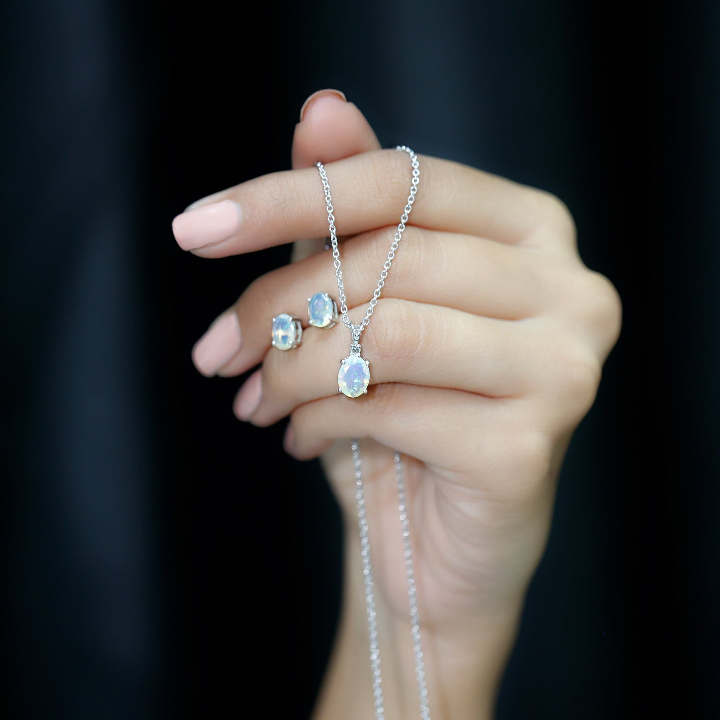 Real 3 Carat Oval Shaped Ethiopian Opal Solitaire Necklace Earrings Set with Diamond