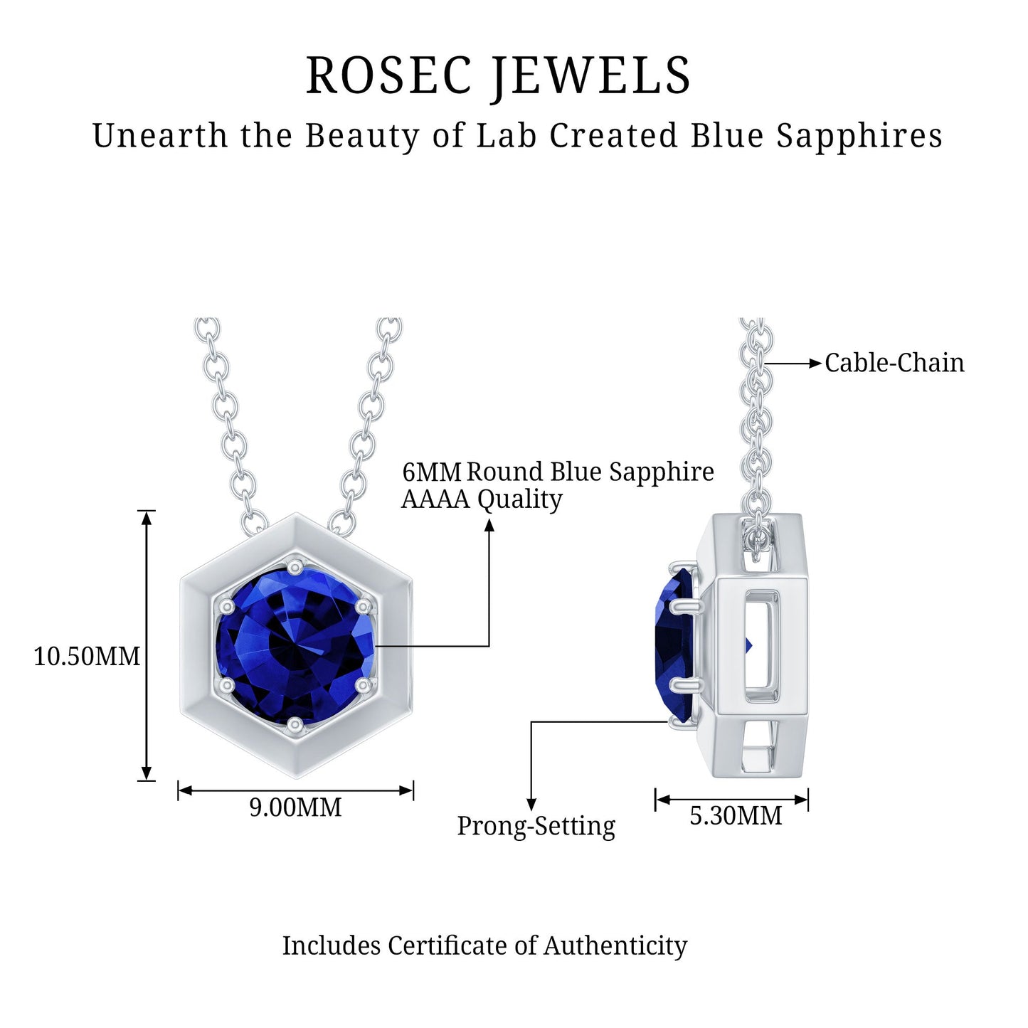 1 Carat Lab Grown Blue Sapphire Hexagon Necklace for Women