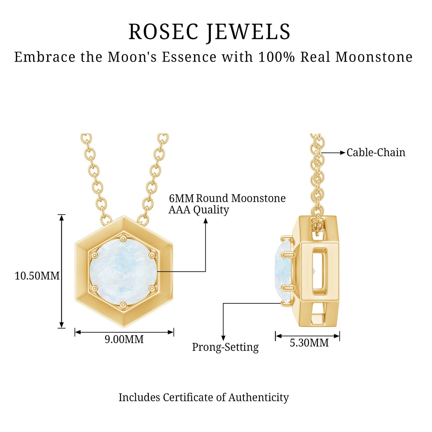 Solitaire Moonstone Hexagon Pendant Necklace