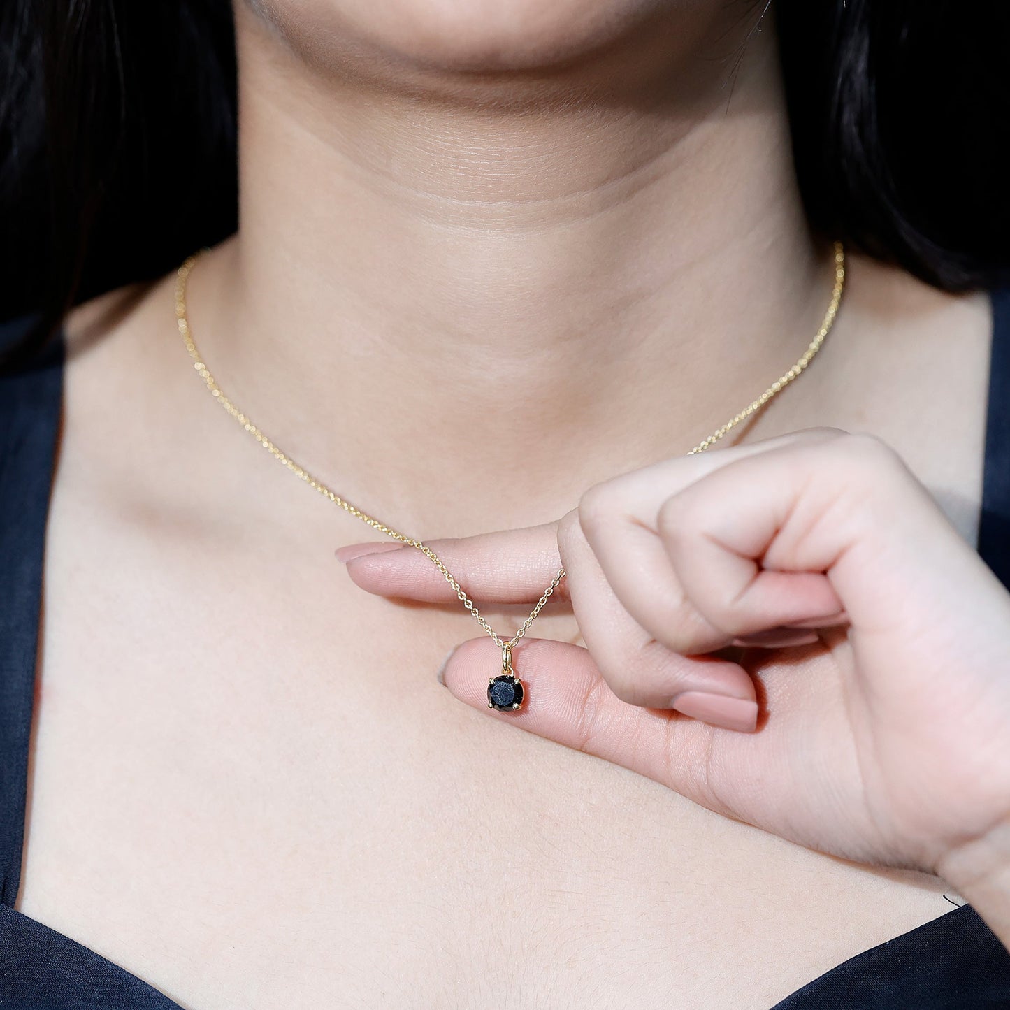 Natural 1.45 Carat Black Diamond Solitaire Necklace with Silver Chain