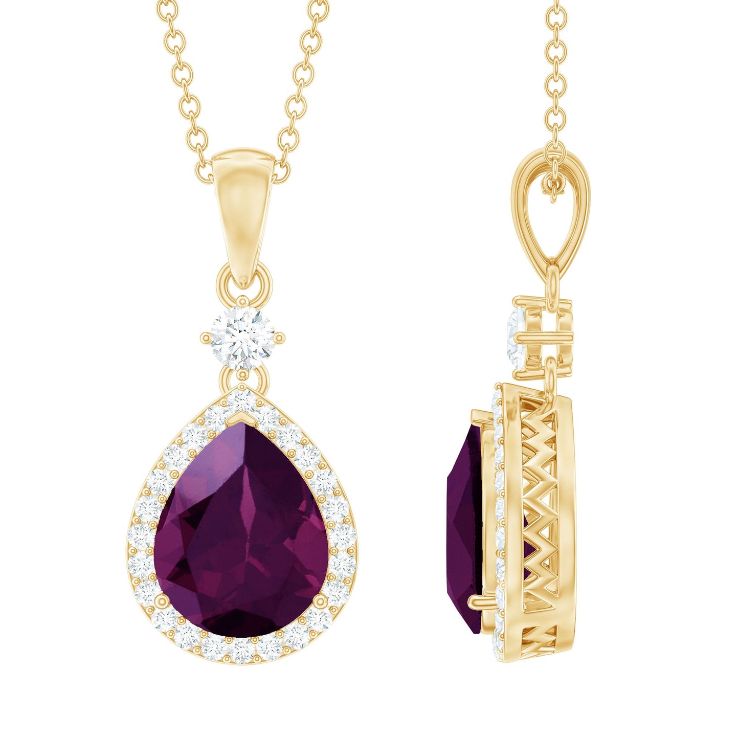 3.25 Carat Rhodolite Teardrop Necklace with Diamond Halo