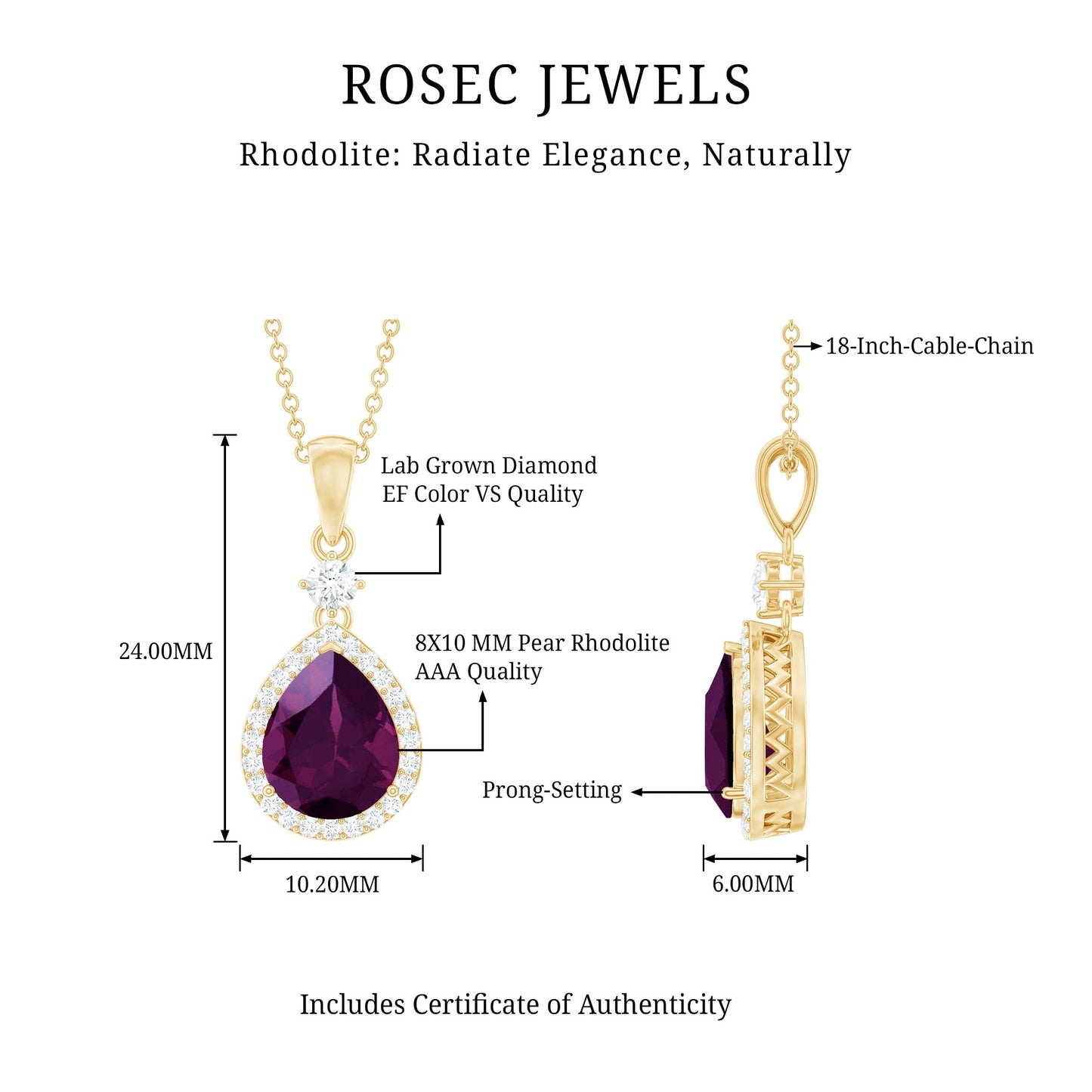 3.25 Carat Rhodolite Teardrop Necklace with Diamond Halo