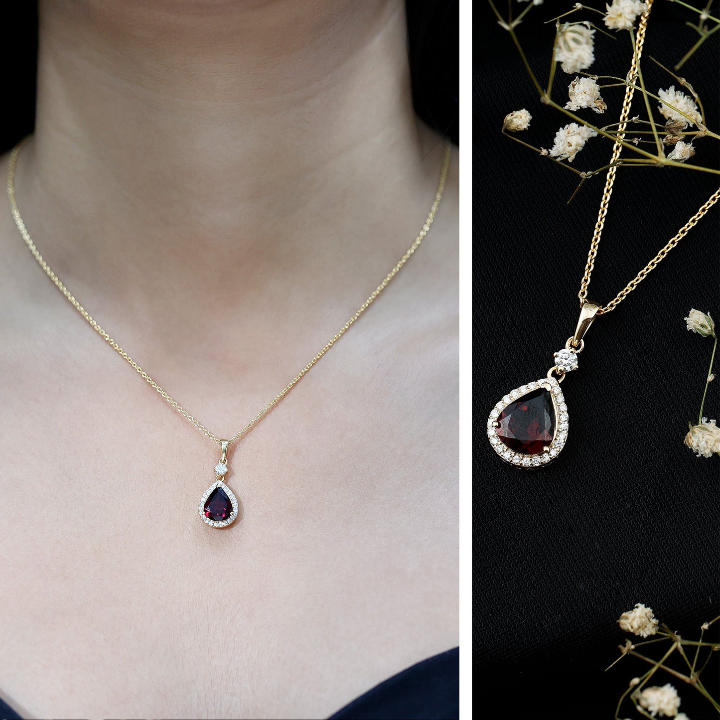 3.25 Carat Rhodolite Teardrop Necklace with Diamond Halo