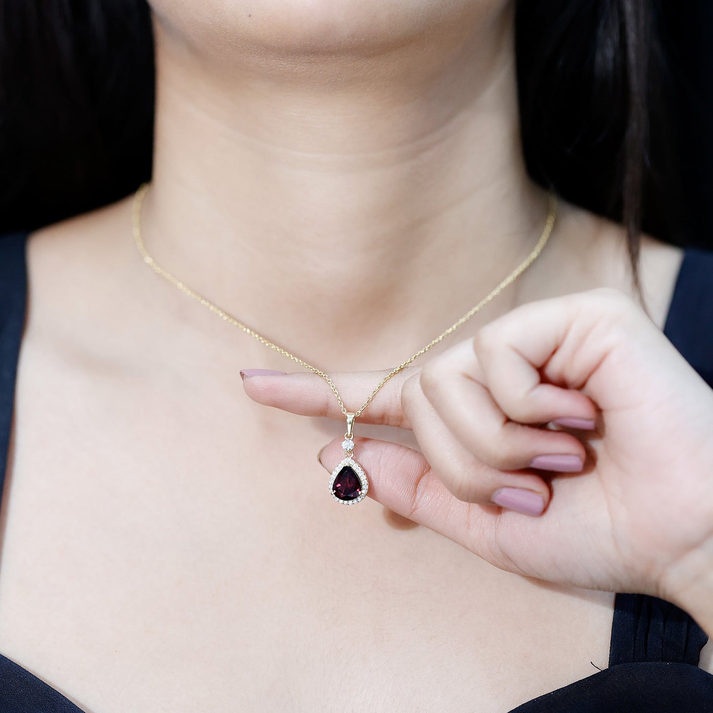 3.25 Carat Rhodolite Teardrop Necklace with Diamond Halo