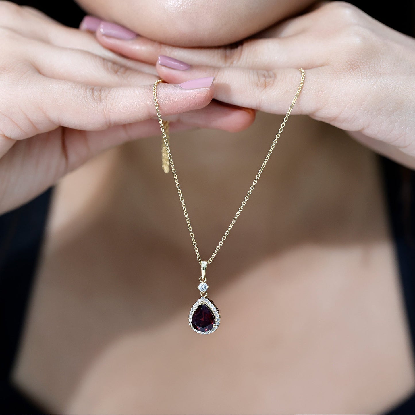3.25 Carat Rhodolite Teardrop Necklace with Diamond Halo