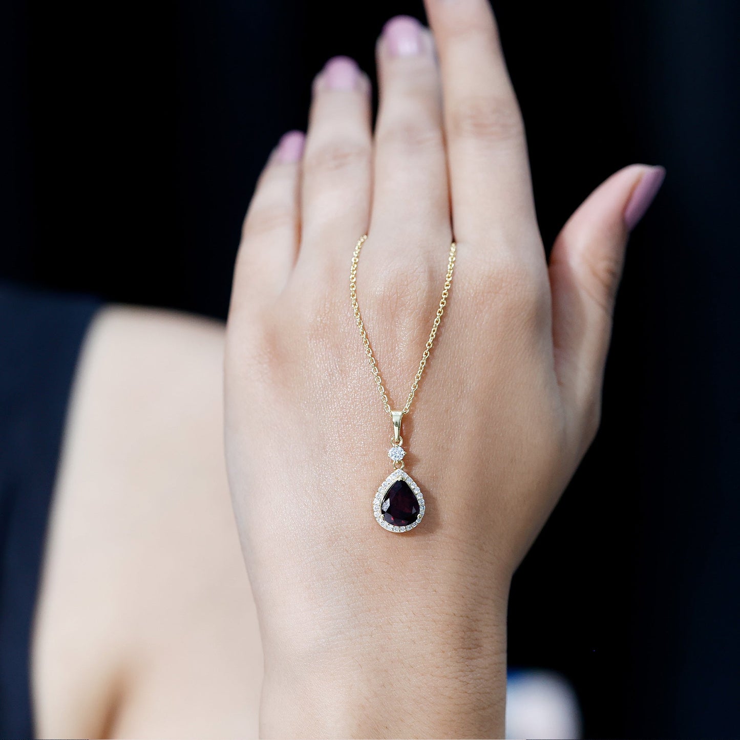 3.25 Carat Rhodolite Teardrop Necklace with Diamond Halo