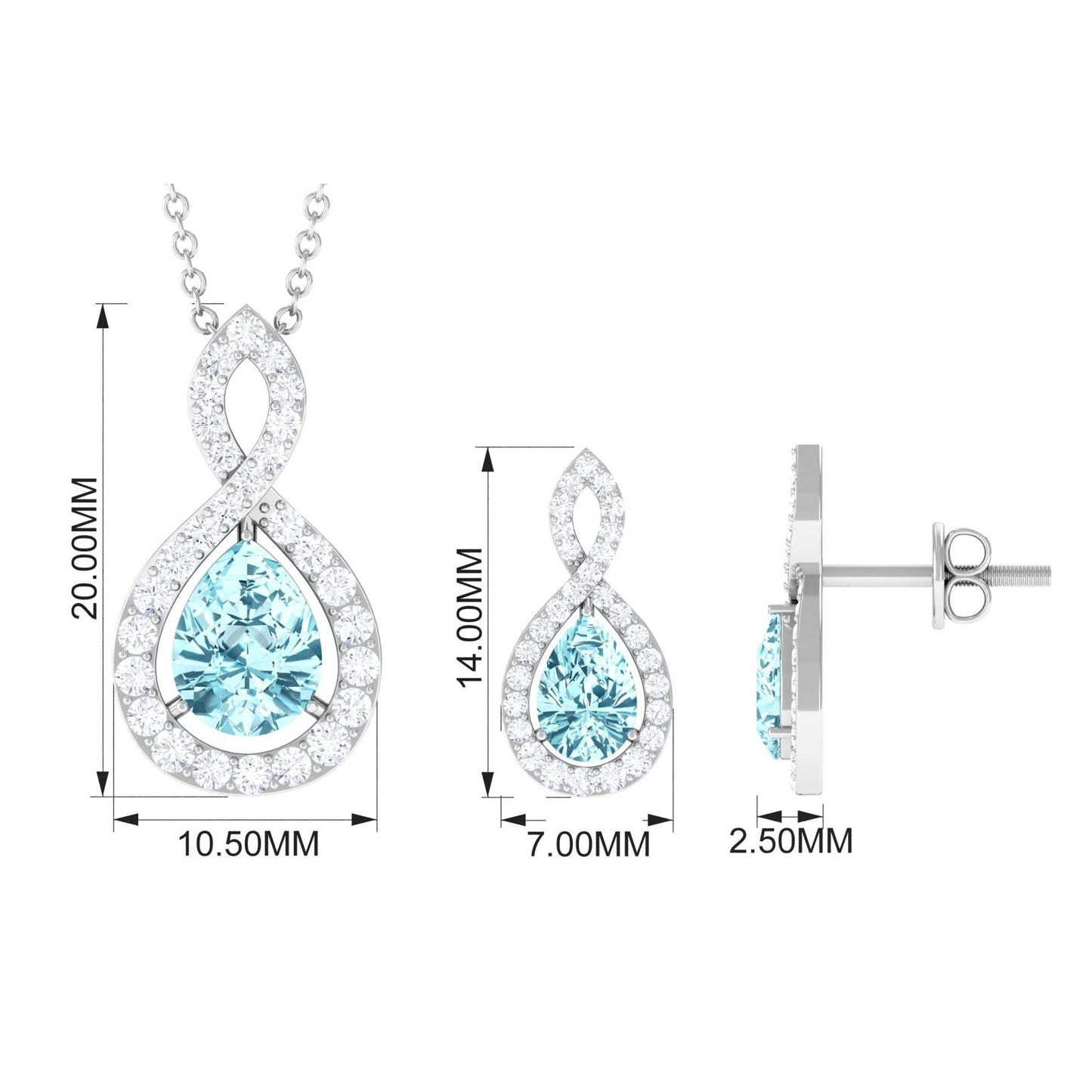 Natural Aquamarine Infinity Pendant Earrings Set for Women
