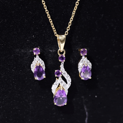 Real Amethyst and Diamond Bridal Dangle Necklace Earrings Set