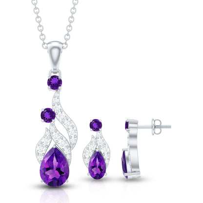 Real Amethyst and Diamond Bridal Dangle Necklace Earrings Set