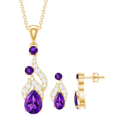 Real Amethyst and Diamond Bridal Dangle Necklace Earrings Set