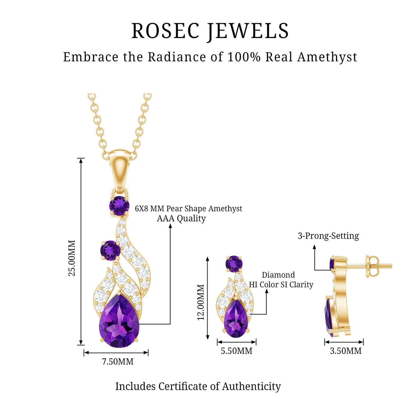 Real Amethyst and Diamond Bridal Dangle Necklace Earrings Set