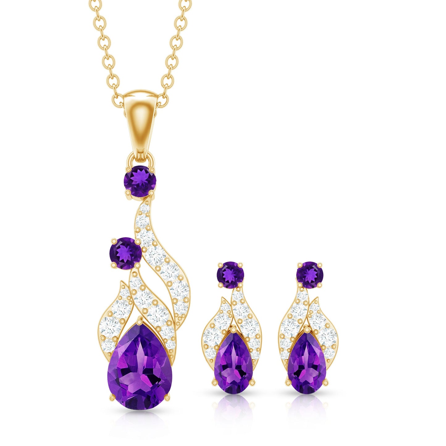 Real Amethyst and Diamond Bridal Dangle Necklace Earrings Set
