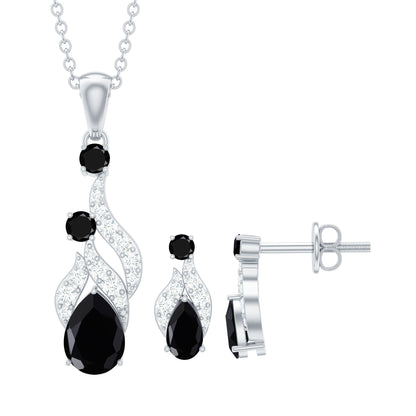Natural Black Onyx Drop Pendant and Earrings Set with Diamond