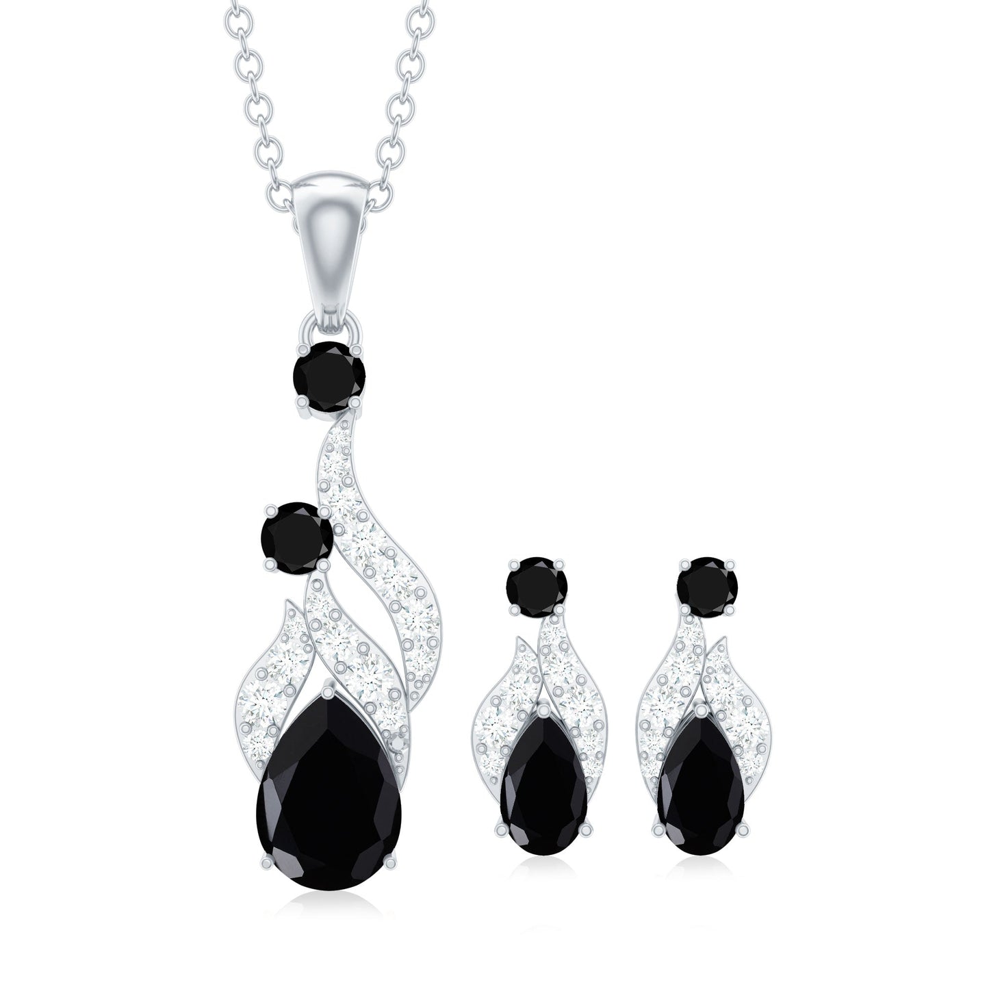 Natural Black Onyx Drop Pendant and Earrings Set with Diamond