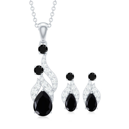 Natural Black Onyx Drop Pendant and Earrings Set with Diamond