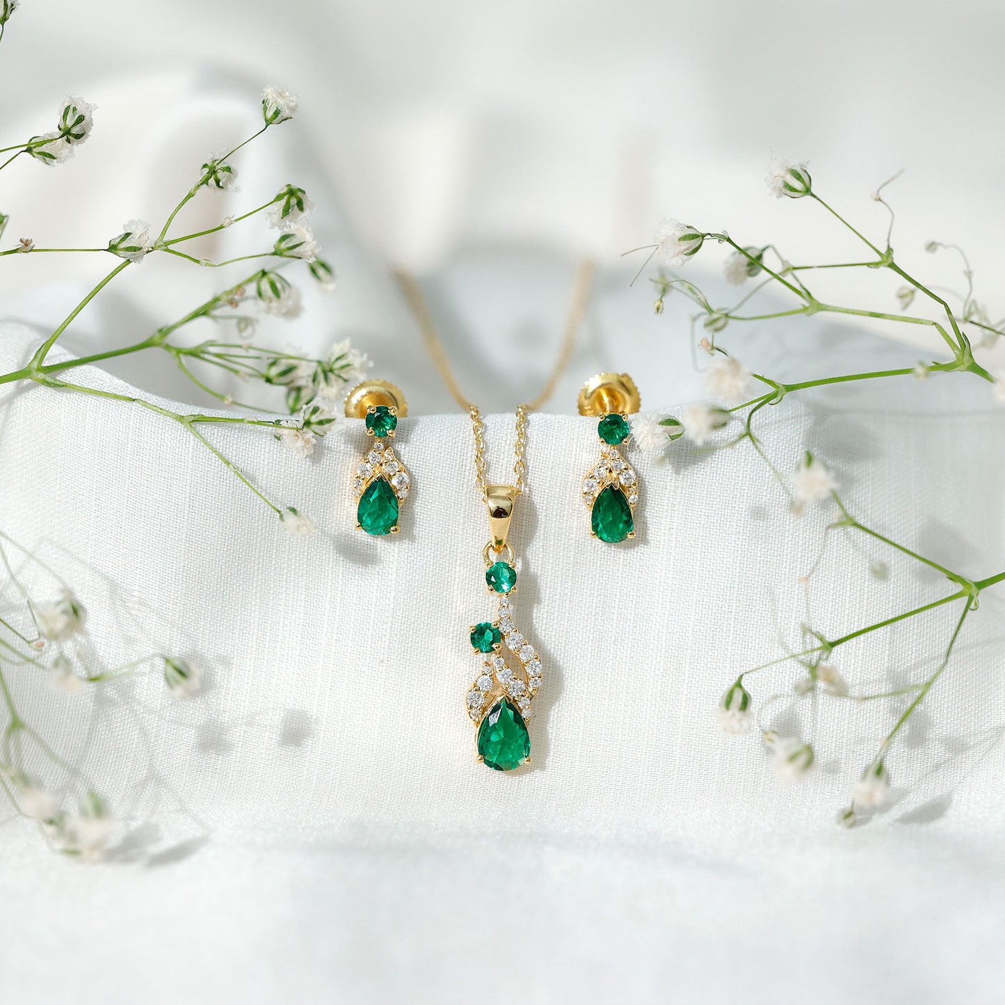 Lab Created Emerald and Diamond Designer Jewelry Set