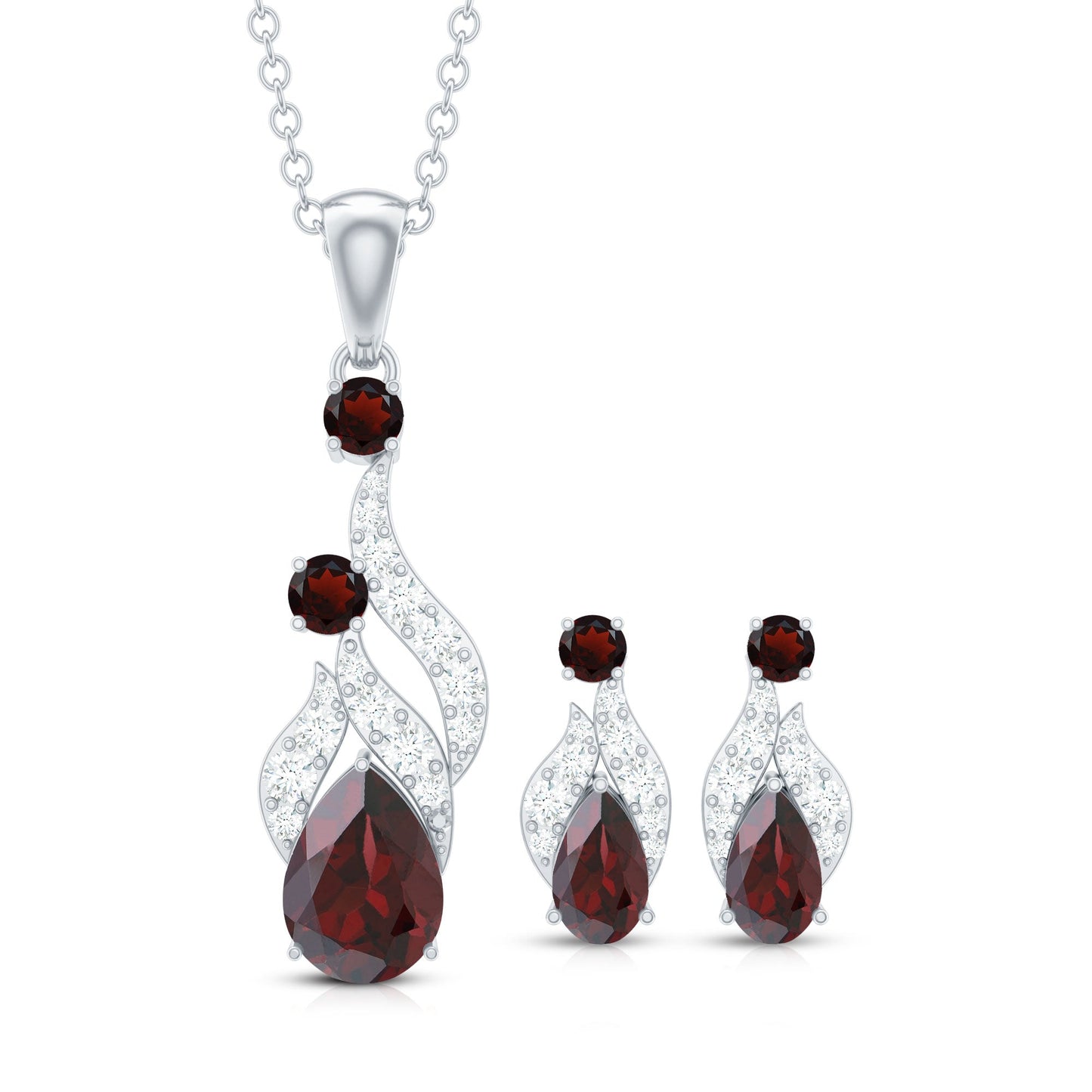 Garnet and Diamond Bridal Dangle Pendant and Earrings Set