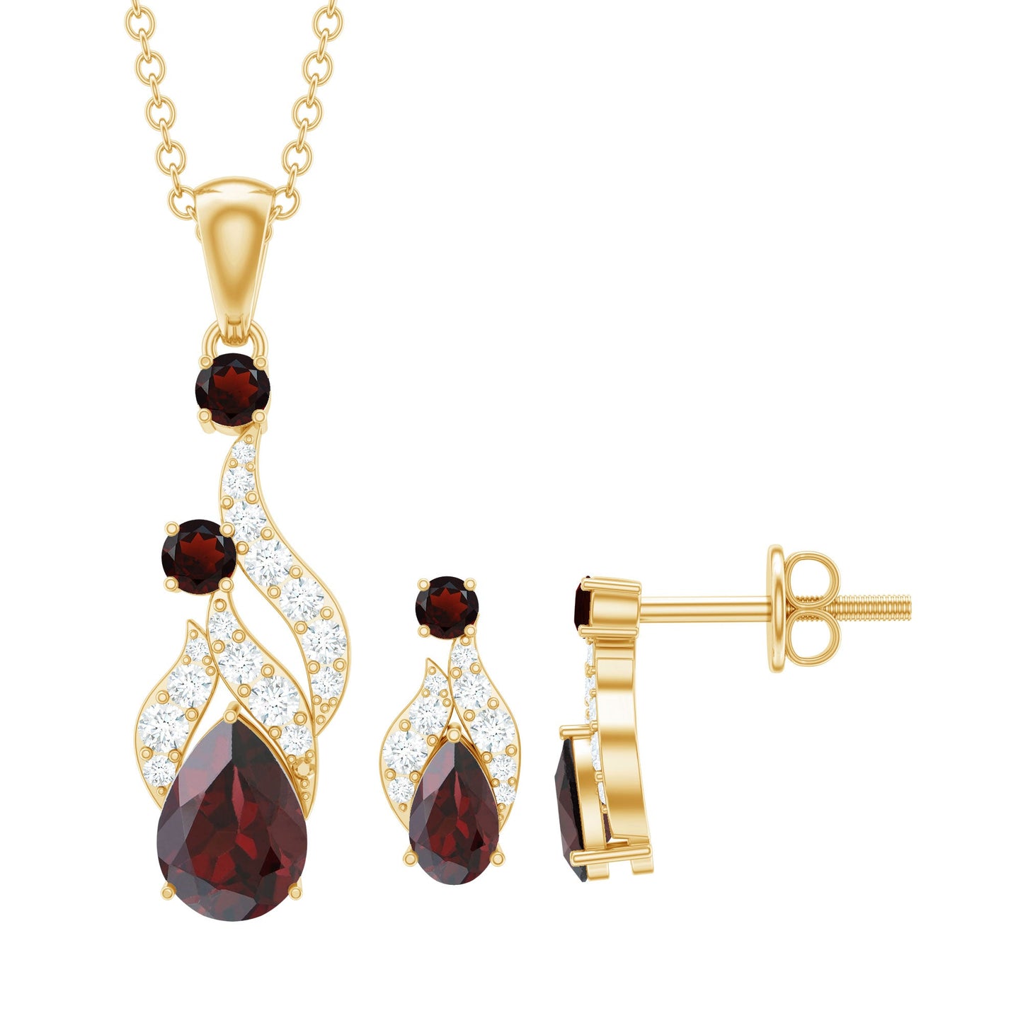 Garnet and Diamond Bridal Dangle Pendant and Earrings Set