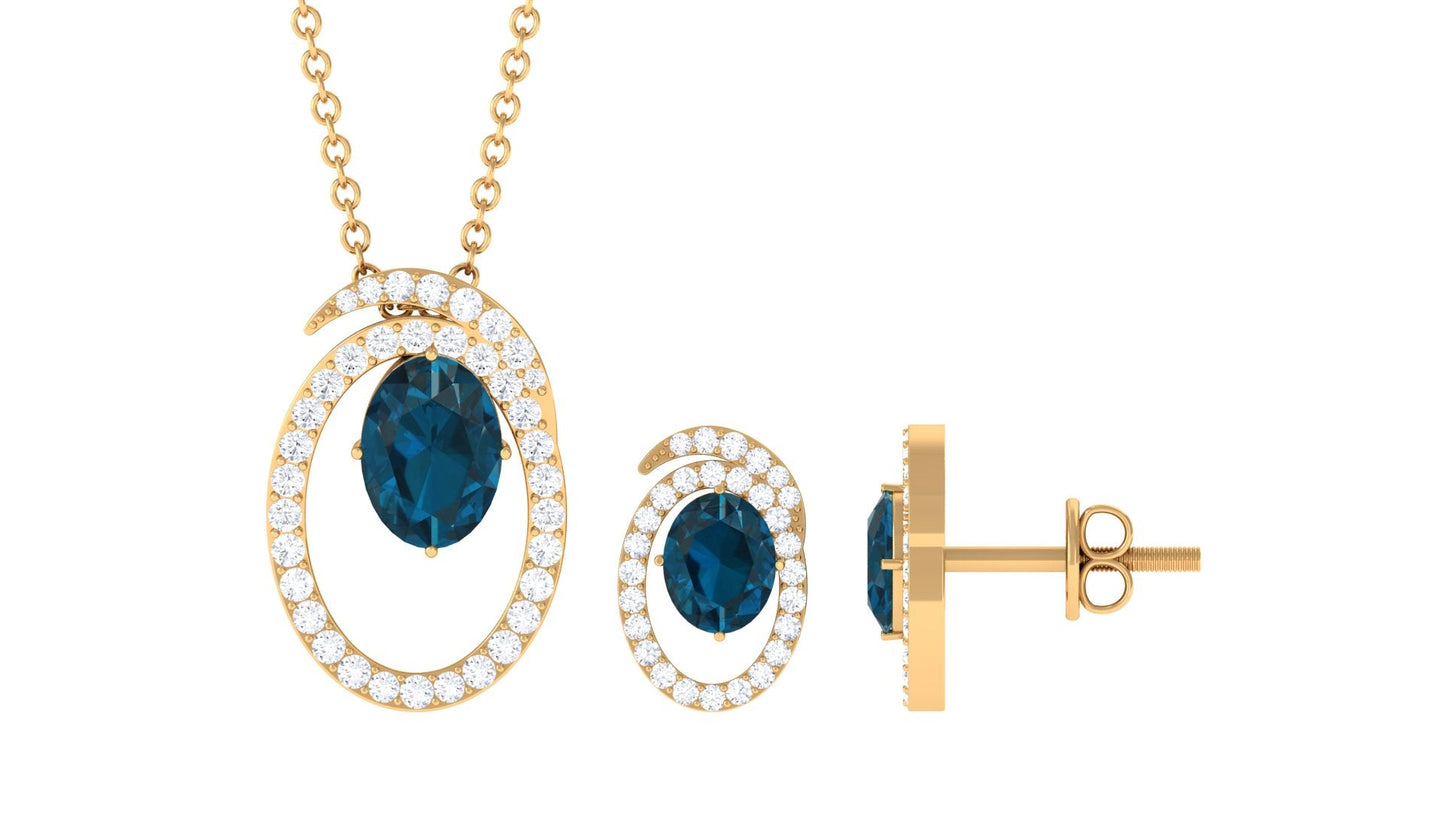Genuine 1 Carat Oval London Blue Topaz and Diamond Necklace and Earrings Set