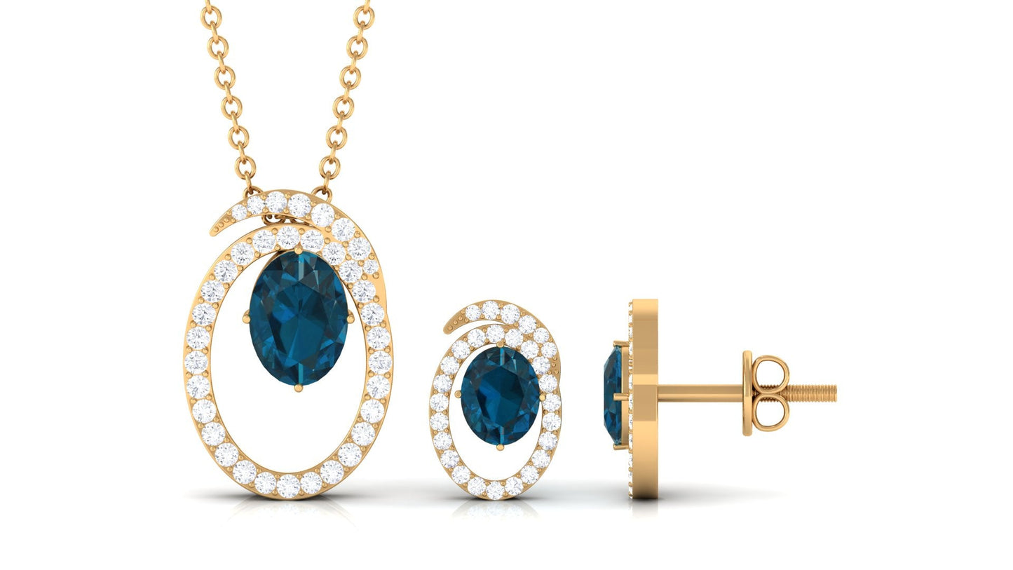 Genuine 1 Carat Oval London Blue Topaz and Diamond Necklace and Earrings Set