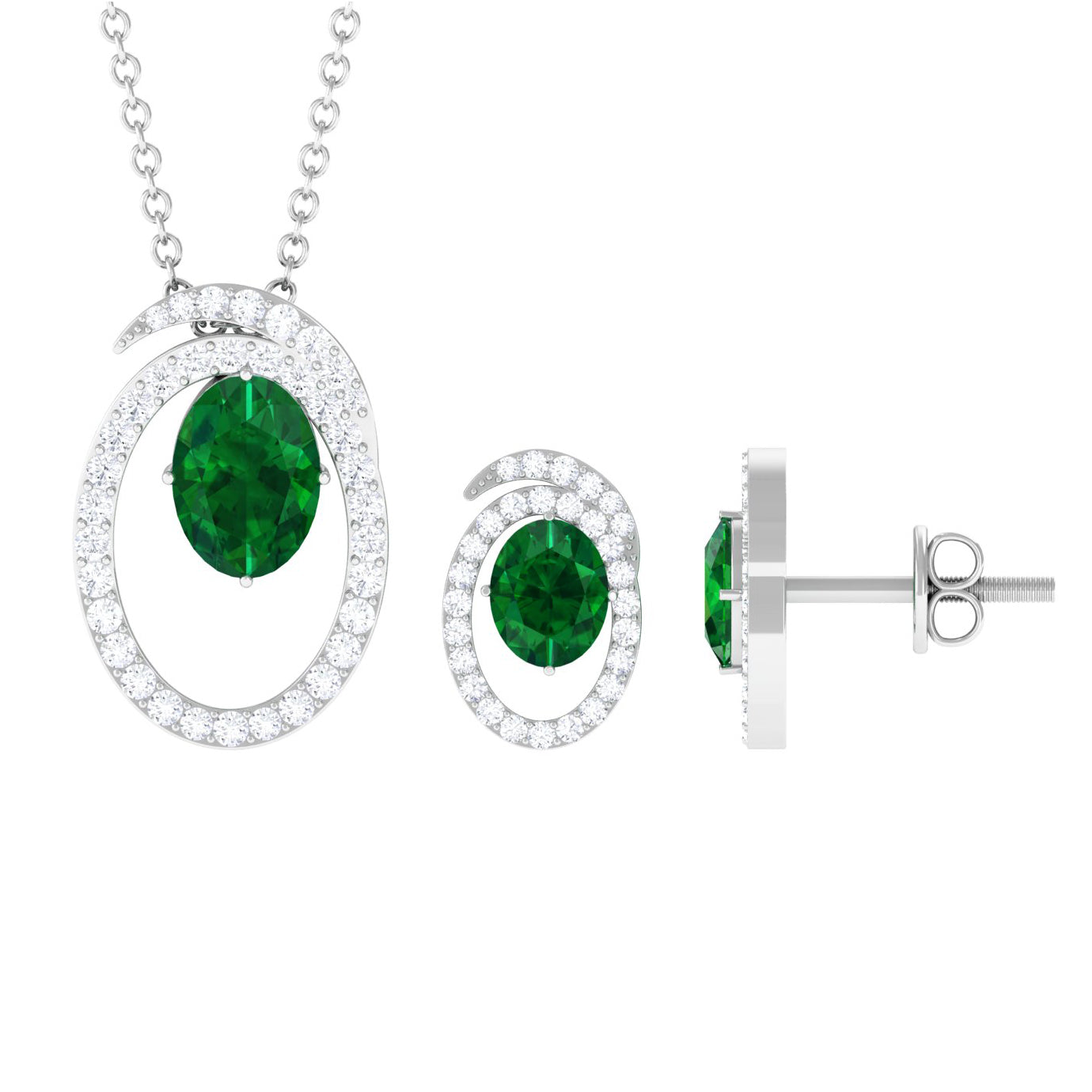 Oval Cut Lab Created Emerald and Moissanite Necklace With Earrings
