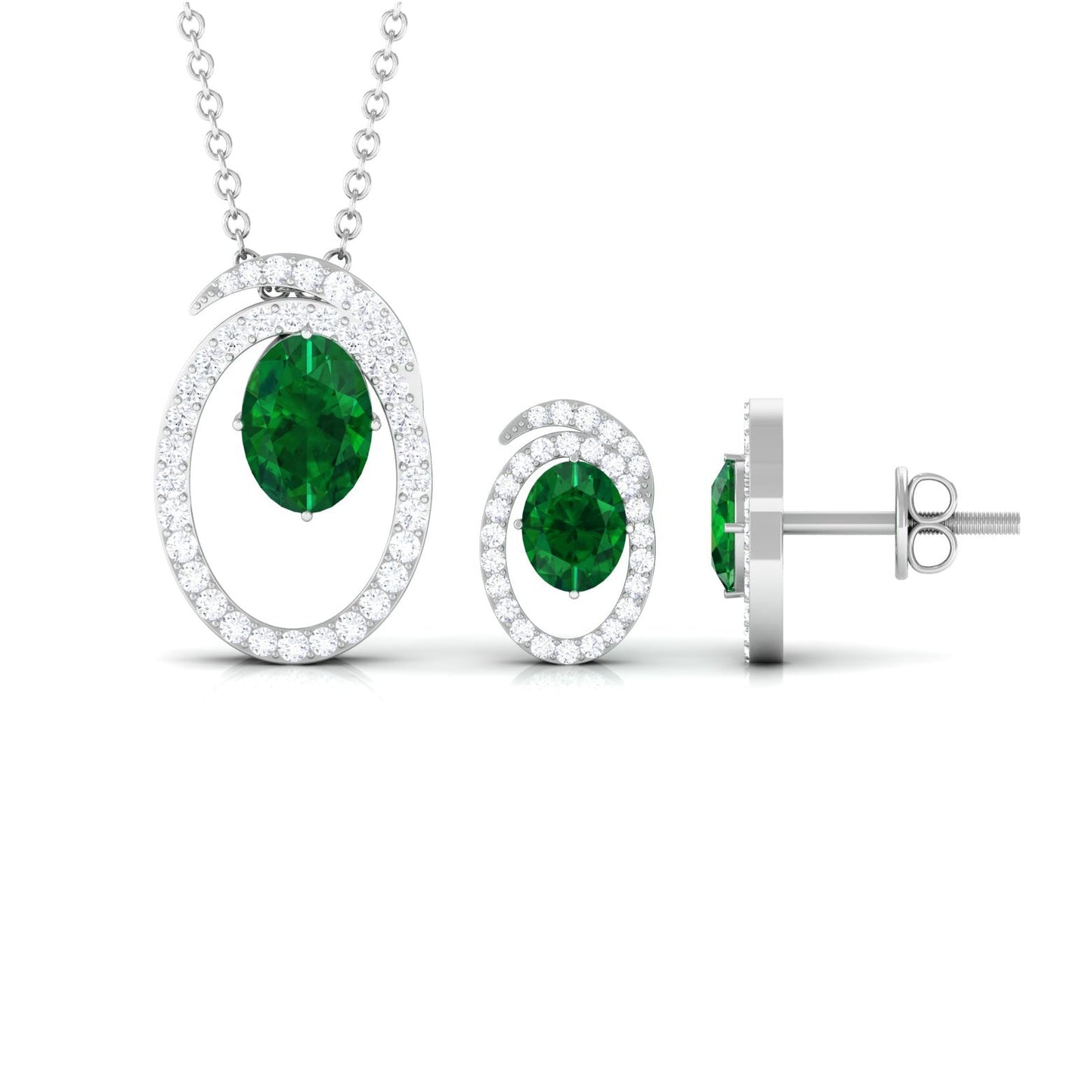 Oval Cut Lab Created Emerald and Moissanite Necklace With Earrings
