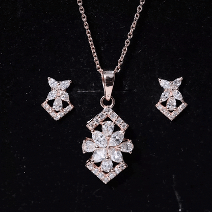Genuine Diamond Flower Necklace and Earrings Set with Certificate